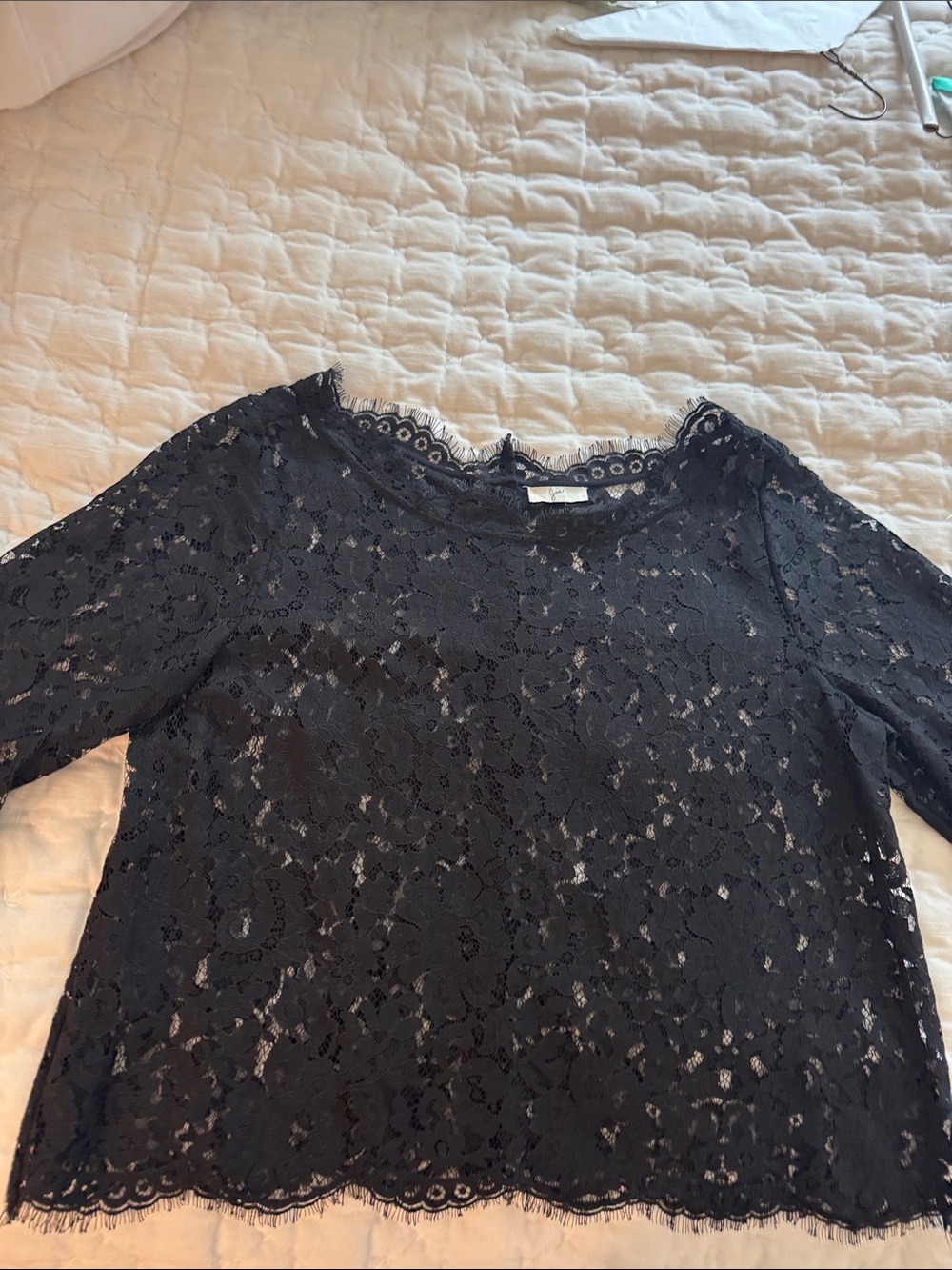 Joie Black Lace Blouse with Scalloped Trim
